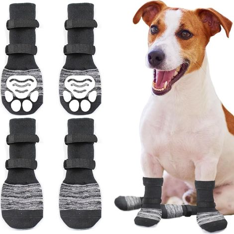Lot de 4 chaussettes antidérapantes pour chien, protège-pattes double face, excellent contrôle de la traction pour parquets intérieurs (M) - Gris (1/4)