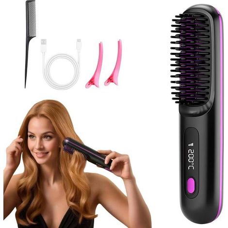 Brosse Lissante Sans Fil Noire 2026, Peigne Chauffant 3 Températures Mini Lisseur 20s Chauffage LED Meoiruery (1/4)