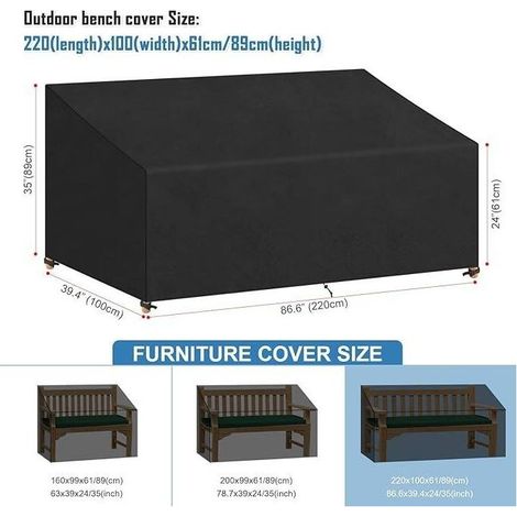 Housse Banc de Jardin 3 Places 220x100x61/89cm Imperméable, Housse Canape de jardin Exterieur, housse salon jardin Tissu Oxford, Coupe-Vent, Anti-UV, avec Boucle, Noir (1/5)