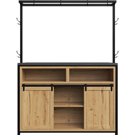 Armoire de cuisine avec plan de travail et prise électrique, îlot de cuisine 183 cm avec étagère suspendue, finition bois/noir (1/5)