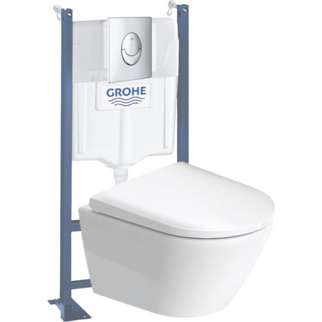 Pack WC suspendu sans bride compact DURAVIT D-Neo + bâti support GROHE Rapid SL Projet + abattant + plaque chromé