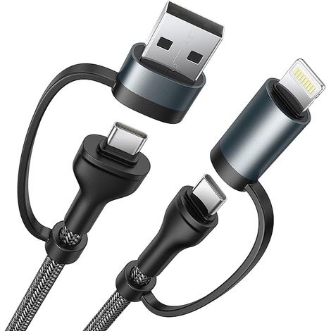 Câble Multi USB 4 en 1 [1M] Cable Universel Cable iPhone USB C Charge Rapide Multi Chargeur USB C Nylon Tressé Câble USBC vers Lightning pour iPhone 17/16/15/14, Galaxy S24/S23, Huawei (1/5)