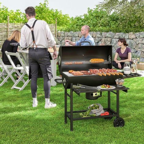 Barbecue charbon de bois avec tablette avant pliable, avec grille de cuisson, 2 roues, 114 x 65 x 95 cm, noir