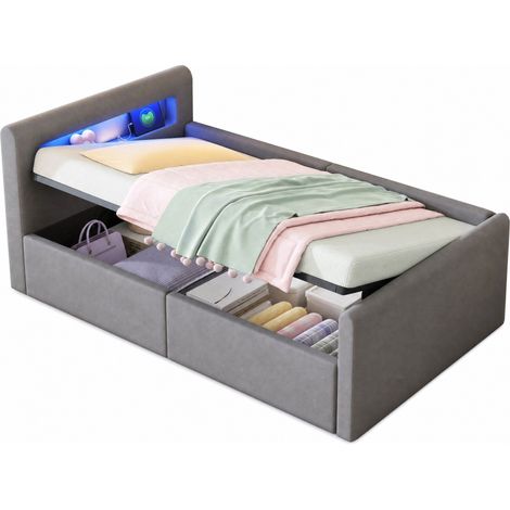 Lit enfant rembourré 90 x 200 cm avec LED, veilleuse, port USB, rangement hydraulique, dossier réversible, velours gris clair, pour chambre moderne  CHICFURN (1/5)