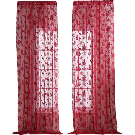 Rideau De Fenêtre De Noël - 140x100 cm - Motif Père Noël Traîneau Flocon De Neige Brodé - Polyester - 2 Pièces (1/5)