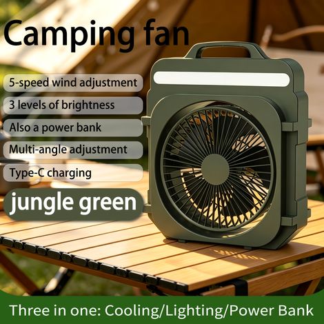 Ventilateur de camping portable rechargeable à 5 vitesses et 3 modes d'éclairage pour tente, plage, pêche et utilisation en cas d'urgence en extérieur (1/5)