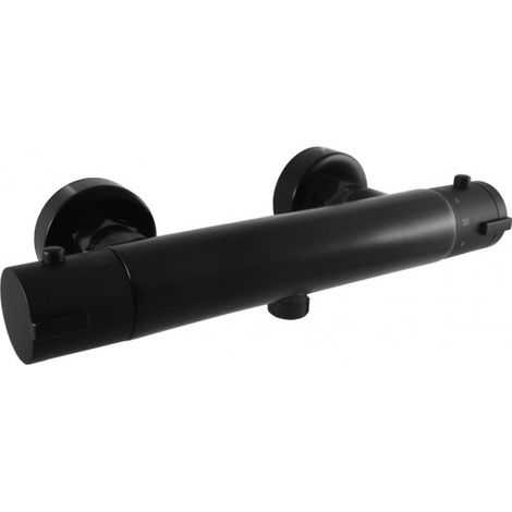 Mitigeur douche mural thermostatique en laiton noir mat sortie douchette bas (1/2)