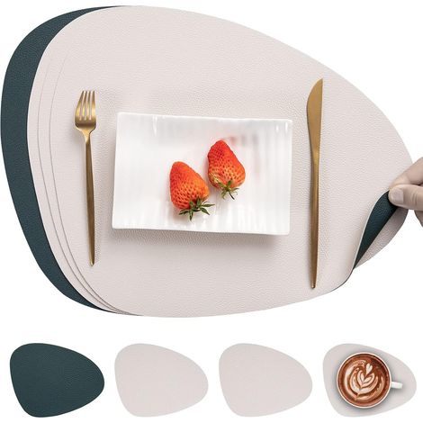Lot de 4 sets de table ronds en cuir PU, double face, imperméables, antidérapants et lavables (blanc perle/vert). (1/5)