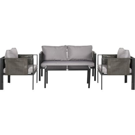 4 Piece Metal Garden Furniture Set  Tempered Glass Coffee Table, Texteline Pocket, Outdoor Set Loveseat Single Armchairs  Padded Cushions, Light Grey (1/5)
