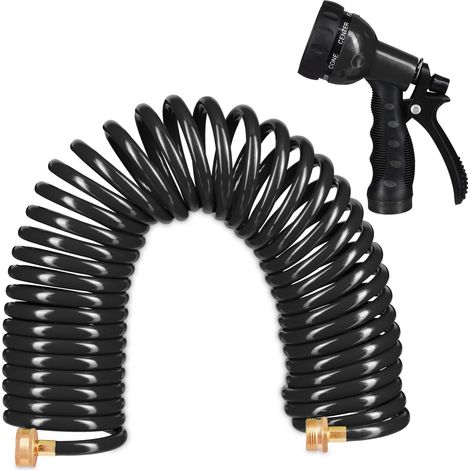 Relaxdays Manguera Espiral, Extensible hasta 10 Metros, Manga de Jardín con Pistola de Riego, 7 Tipos de Chorro, Negro