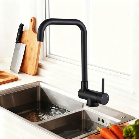 Océan Robinet de cuisine mitigeur rabattable acier inoxydable 304, 360° rotatif inclinable 2 jets, adapté devant fenêtre, finition noir (1/5)
