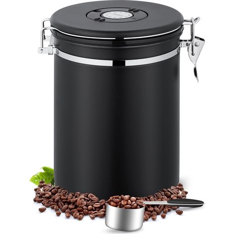 Cafetière avec bocal de conservation hermétique, valve CO₂ et dateur - Capacité 2,8 litres - Pour café en grains et produits secs - Noir (1/5)
