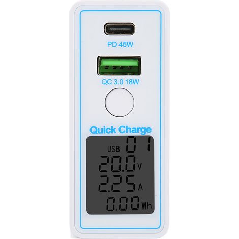USB-C PD QC 3.0-Wandladegerät mit Display, 2 Schnellladeanschlüssen, Schalter, 100–240 V, US-Stecker, tragbar (1/5)