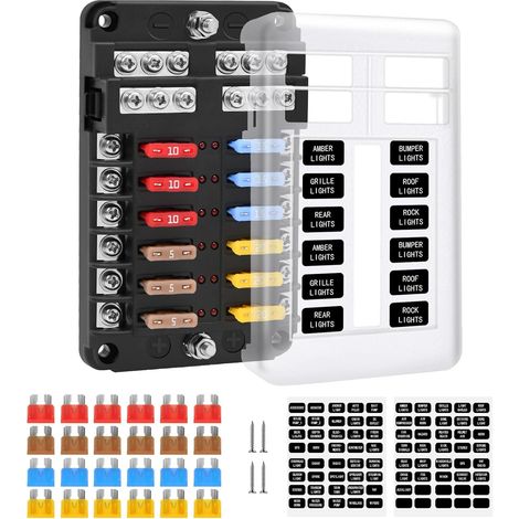 Blocs Fusible Lame ATC/ATO, Porte Fusible Voiture , Boîte Fusibles Voiture 12 voies avec Indicateur de Bus Négatif pour Voiture, Bateau, Fourgonnette, SUV (1/5)