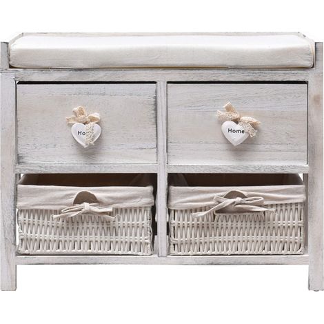 Rebecca Mobili Banc Banquette Assise 2 Tiroirs Bois Blanc Shabby 46x60x30