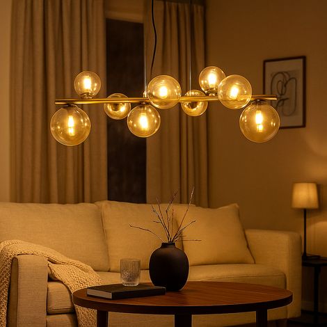 Globo – Suspension lustre en verre ambre et noir – 9 flammes G9 LED 3W 80lm 3000K – Dimensions 86,6x36x120 cm – Pour salle à manger (1/5)