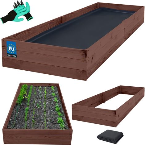 KOTARBAU® Carré Potager - Bois de Pin Imprégné - 200 x 120 x 27 cm - Marron - Bac Potager - Jardiniere Surelevee Exterieur - avec Vlies et Gants à Griffes