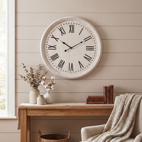 White Wash Clock with Black Numerals - Wood - L4 x W60 x H60 cm - White