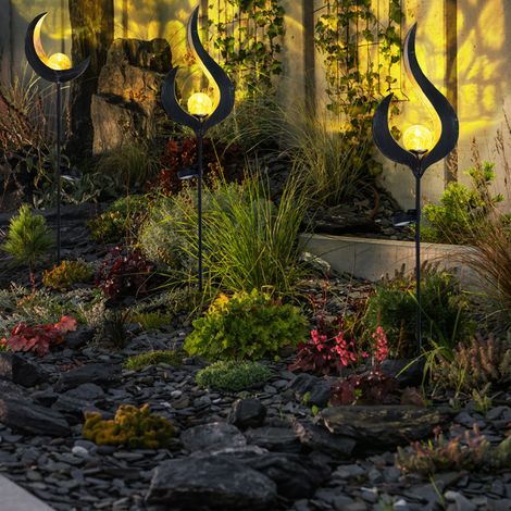 LED Gartendeko Solarleuchten Steckleuchten Außenleuchte Dekoration, Flammen-Design Halbmond, IP44, klar bronzefarben, 3er Set