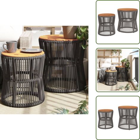 The Living Store Tables d'appoint de jardin 2 pcs dessus en bois gris poly rotin - Table D'appoint De Jardin - Table Extérieure - Mobilier De Jardin - Résine Tressée - Poly Rotin