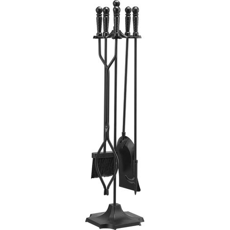 Set de Cheminée 5 Pièces, Tisonnier, Pince, Pelle à Cendres, Brosse avec Support en Fer Forgé, Noir, Intérieur/Extérieur (1/5)