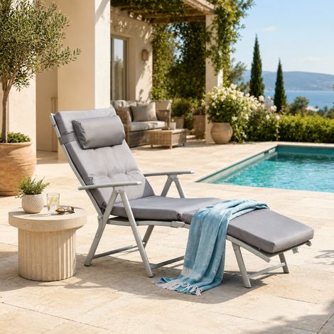 Chaise longue pliable 178 cm avec dossier réglable 7 positions matelas accoudoirs métal Pour jardin plage camping Tissu Gris (1/4)