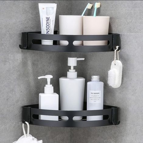 Eckregal fürs Badezimmer – Shampoo-Halter aus Aluminium (bohrfrei) – mit abnehmbaren Haken – Schwarz (1/5)