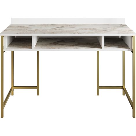Bureau 3 niches bois blanc effet marbre avec des pieds en métal doré Kyliane 119.6cm (1/5)