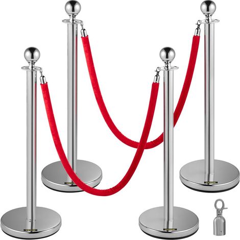 Pour événements et accueil, gestion des files avec 4 poteaux de guidage en inox 96 cm et 2 cordes en velours rouge 1,5 m (1/5)