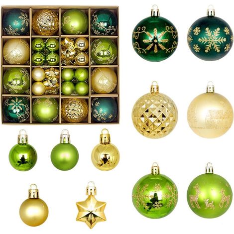 Weihnachtsbaumschmuck-Set, 44-teilig – leichte, hängende Weihnachtskugeln aus Kunststoff in Grün-Gold – mit Aufhängehaken – wiederverwendbare Weihnachtsdekoration für Zuhause, Partys und Hochzeiten (1/5)