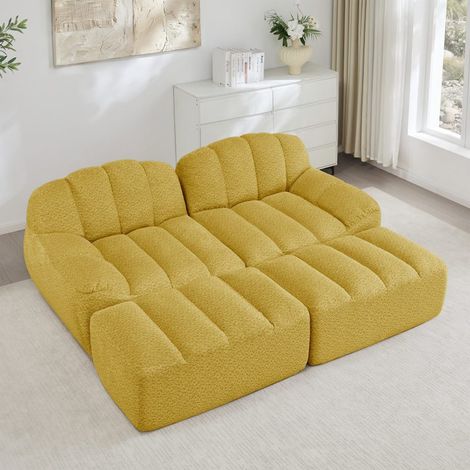 Canapé Modulaire 2 Places avec 2 Poufs, Sofa sans Cadre en Mousse 32D Haute Densité, Tissu Velours Côtelé Douceur, Jaune (1/5)