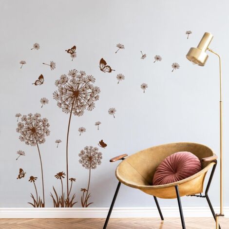 Pegatinas de pared de dientes de león, pegatinas de pared florales, para salas de estar, dormitorios, oficinas, fondos de sofá, decoración de paredes (marrón) (1/5)
