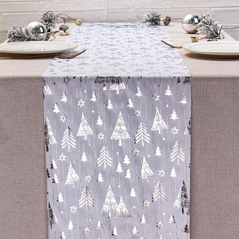 Chemise De Table De Noël - Arbre De Noël Imprimé - Polyester - 28 x 275 cm - Blanc Or Rouge - 1 Pièce (1/5)