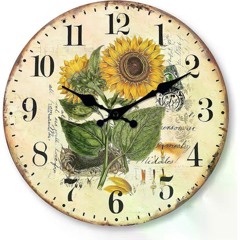 Horloge murale rétro en bois (1 pièce), motif deux tournesols, silencieuse, idéale pour la décoration du salon. (1/4)