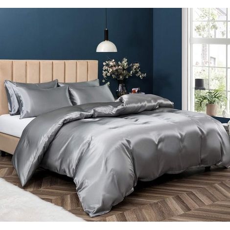 Set di biancheria da letto in raso, set copripiumino, sonno confortevole, materiale morbido come la seta. Misure: matrimoniale/queen size, grigio. (1/5)