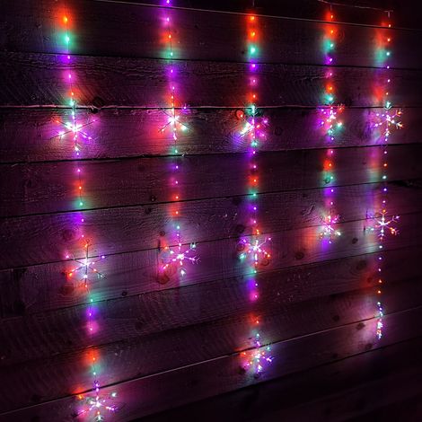 390 LED 1.3m x 1.2m Christmas Snowflake Curtain Lights in Static Rainbow & Twinkling Orange (1/5)