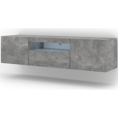 Meuble TV béton 150 cm – Éclairage LED inclus – Panneaux stratifiés – Suspendu ou sur pied – 3 compartiments fermés – 1 étagère ouverte – Salone Srl (1/10)