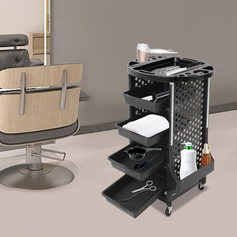 Salon Storage Cart 5-Tier with 4 Pull-Out Trays & Side Baskets, 52x44x79cm, 30kg Capacity, 4 Smooth Wheels, Foldable Side Panels, Dual-Direction Trays, Easy Assembly, For Salon Home SPA, Black (1/5)