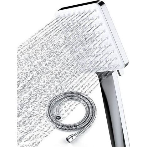 Pommeau de Douche Haute Pression avec Tuyau de 1,5 m Pommeau Douche Economie Deau avec 6 Modes de Douche Réglable Universelle Grande Douchette Douche, Carrée Chromés (1/4)