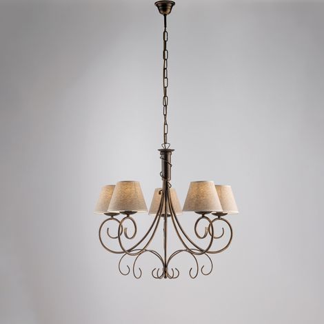 Lustre Vienna Fer Marron, Décor Or Antique, Abat-Jour Jute D.13, 5 Lumières D.60 Cm, Style Chaleureux Vintage
