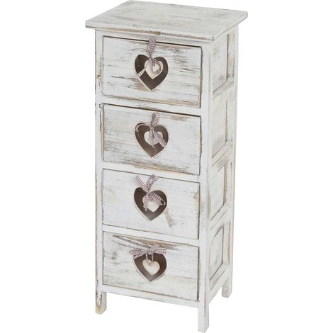 Commode Forli, armoire à tiroirs, 4 tiroirs avec cœurs 70x29x25cm, look shabby, vintage, blanc (1/5)
