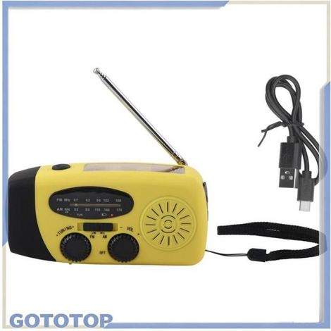 Lampe de poche radio Radio Solaire à Manivelle Radio d'Urgence Multifonction Radio deco horloge Version européenne jaune (1/4)