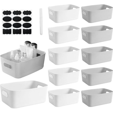 12Pcs Boîte Rangement Plastique 20 x 14 x 6.5 cm Paniers et Boîtes de Rangement Cuisine Petit Panier avec Poignée Empilable Bac Rangement Placard Étroit pour Salle de Bain Bureau Étagère (1/5)