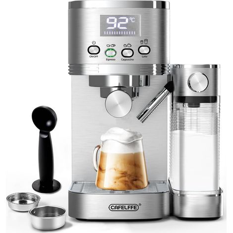 Machine à café 6-en-1, Machine à expresso avec porte-filtre, Machine à cappuccino automatique avec nettoyage automatique et 3 options de température, 1,3 L en acier inoxydable (1/5)