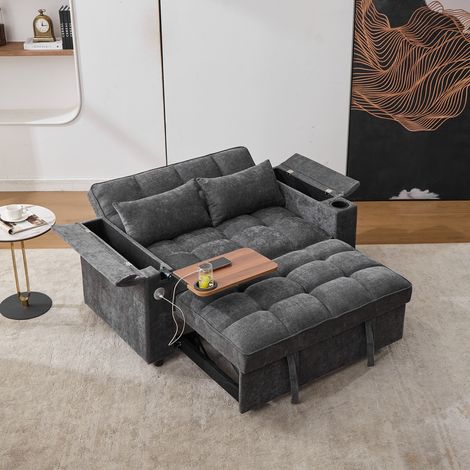Canapé convertible 3 en 1 (140,5 x 74 x 82 cm) avec dossier ajustable, port de charge USB, sofa-lit 2 places, transformable en banquette de repos, incluant table basse et support de verre, couleur gri (1/5)