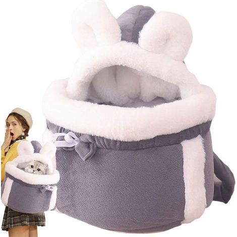 1 pièce Sac à dos pour animaux de compagnie Sac à dos pour chat en peluche - Oreilles de lapin Gris L : 33 cm x 25 cm x 17 cm