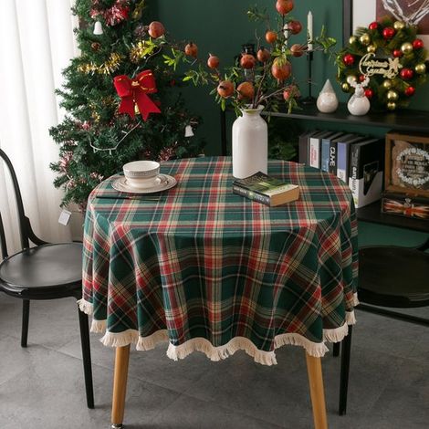 Mantel redondo cuadros, Mantel redondo vintage, fiestas Mantel cuadros, festiva Mantel, Mantel redondo borlas, mesa (tamaño: 120 cm), 120120 cm (1/5)