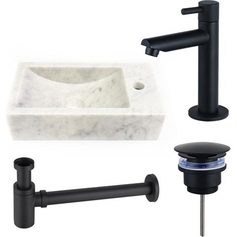 FugaFlow Eccelente Arredo Pack Lave-mains - 22x40x10cmcm - 1 trou de robinet - droite - marbre - robinet Noir mat - Blanc (1/4)