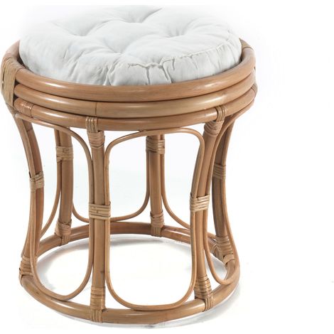 Tabouret rond 44x44x40 cm en rotin miel et coussin écru