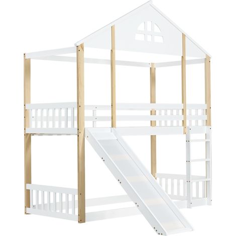 Letto a castello per bambini con scivolo e scala 90 x 200 cm bianco e naturale HOMVRA (1/5)